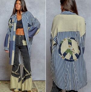 POL Floral Print Peace Striped Patchwork Oversized Buttoned Down Shirt.Sz S.NWOT